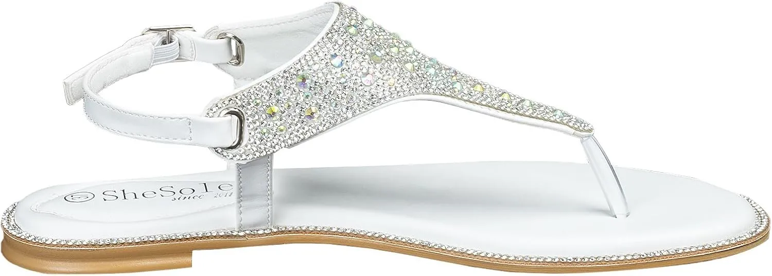 SheSole Women's Silver Thong Sandals Dressy Summer Bling Rhinestone Flat Wedding Shoes