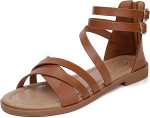 SHIBEVER Gladiator Strappy Sandals for Women: Dressy Summer Comfortable Flat, Back Zipper Roman Comfy Womens Sandals