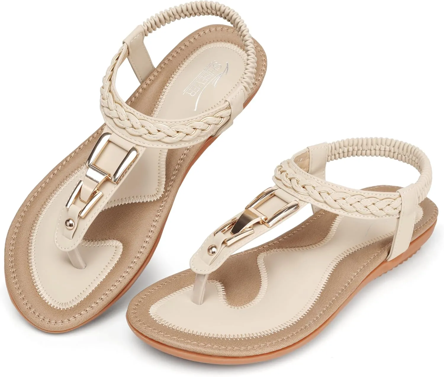 SHIBEVER Womens Sandals Dressy Summer: Women Comfortable Walking Flat Bohemian T-Strap Ladies Casual Comfy Sandals