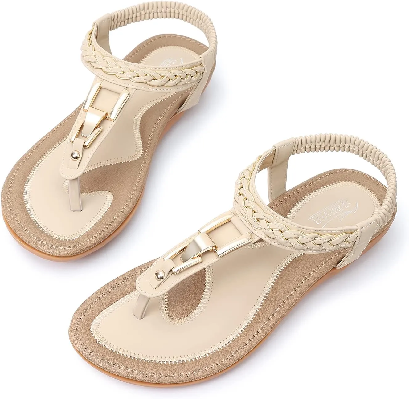 SHIBEVER Womens Sandals Dressy Summer: Women Comfortable Walking Flat Bohemian T-Strap Ladies Casual Comfy Sandals