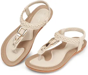 SHIBEVER Womens Sandals Dressy Summer: Women Comfortable Walking Flat Bohemian T-Strap Ladies Casual Comfy Sandals