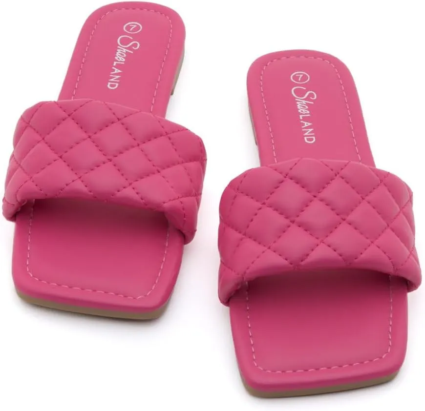 Shoe Land Anisha Women's Flat Sandals, Fashion Slides with Square Open Toe, Quilted Single Band Dressy Sandals, Slip-On Slippers for Summer, Daily Wear, Prom, and Party