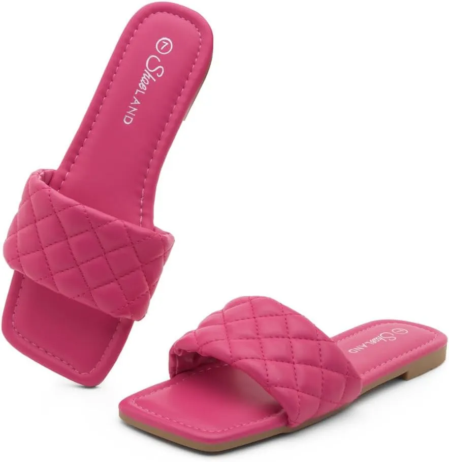Shoe Land Anisha Women's Flat Sandals, Fashion Slides with Square Open Toe, Quilted Single Band Dressy Sandals, Slip-On Slippers for Summer, Daily Wear, Prom, and Party