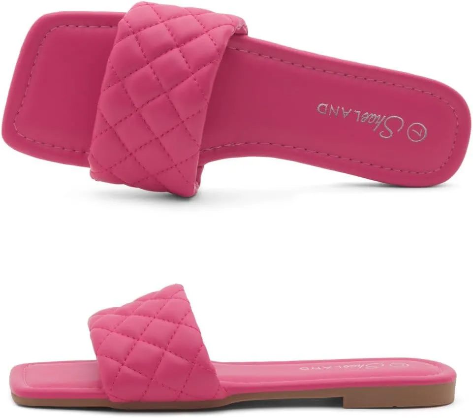 Shoe Land Anisha Women's Flat Sandals, Fashion Slides with Square Open Toe, Quilted Single Band Dressy Sandals, Slip-On Slippers for Summer, Daily Wear, Prom, and Party