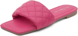 Shoe Land Anisha Women's Flat Sandals, Fashion Slides with Square Open Toe, Quilted Single Band Dressy Sandals, Slip-On Slippers for Summer, Daily Wear, Prom, and Party