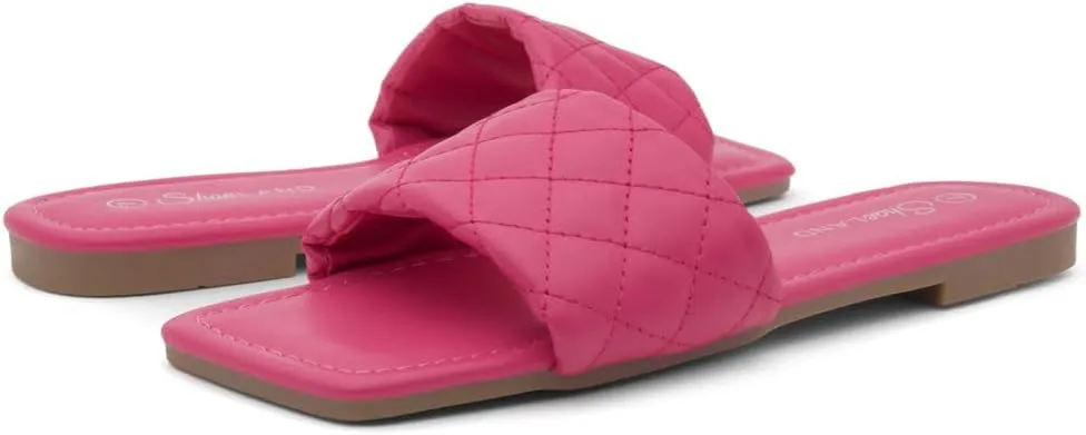 Shoe Land Anisha Women's Flat Sandals, Fashion Slides with Square Open Toe, Quilted Single Band Dressy Sandals, Slip-On Slippers for Summer, Daily Wear, Prom, and Party
