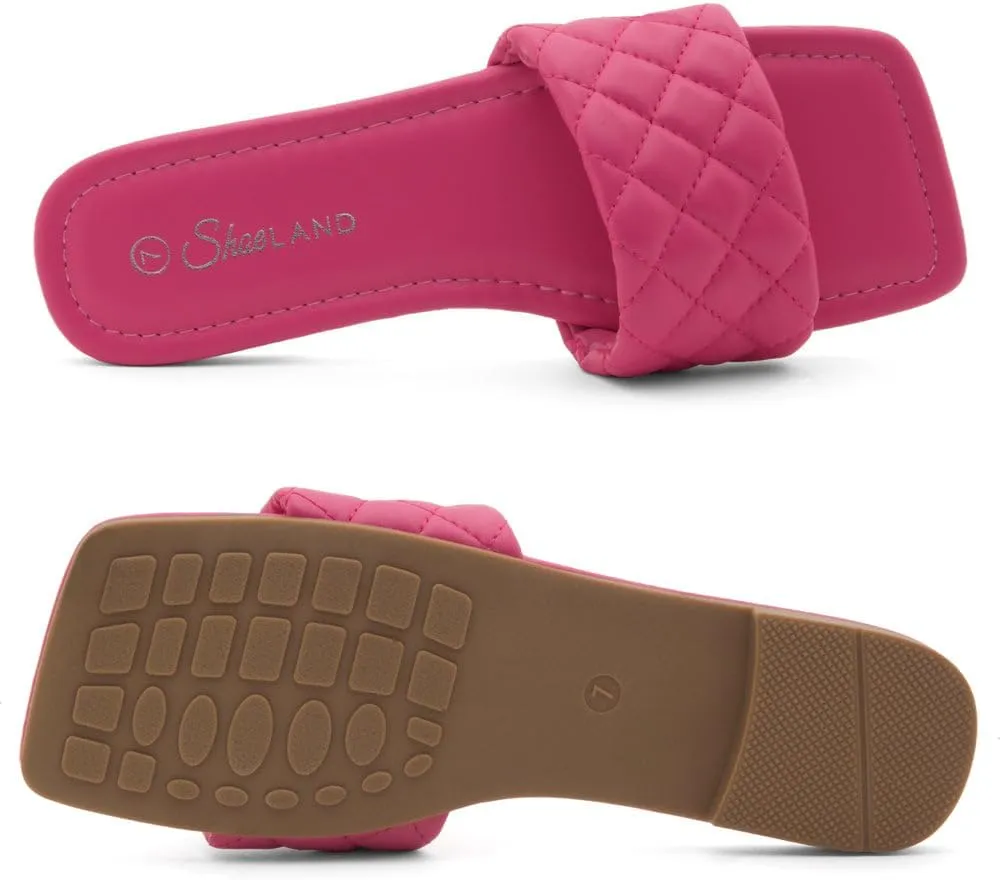 Shoe Land Anisha Women's Flat Sandals, Fashion Slides with Square Open Toe, Quilted Single Band Dressy Sandals, Slip-On Slippers for Summer, Daily Wear, Prom, and Party