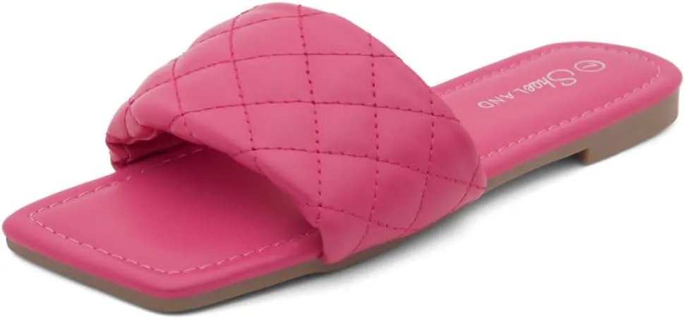 Shoe Land Anisha Women's Flat Sandals, Fashion Slides with Square Open Toe, Quilted Single Band Dressy Sandals, Slip-On Slippers for Summer, Daily Wear, Prom, and Party