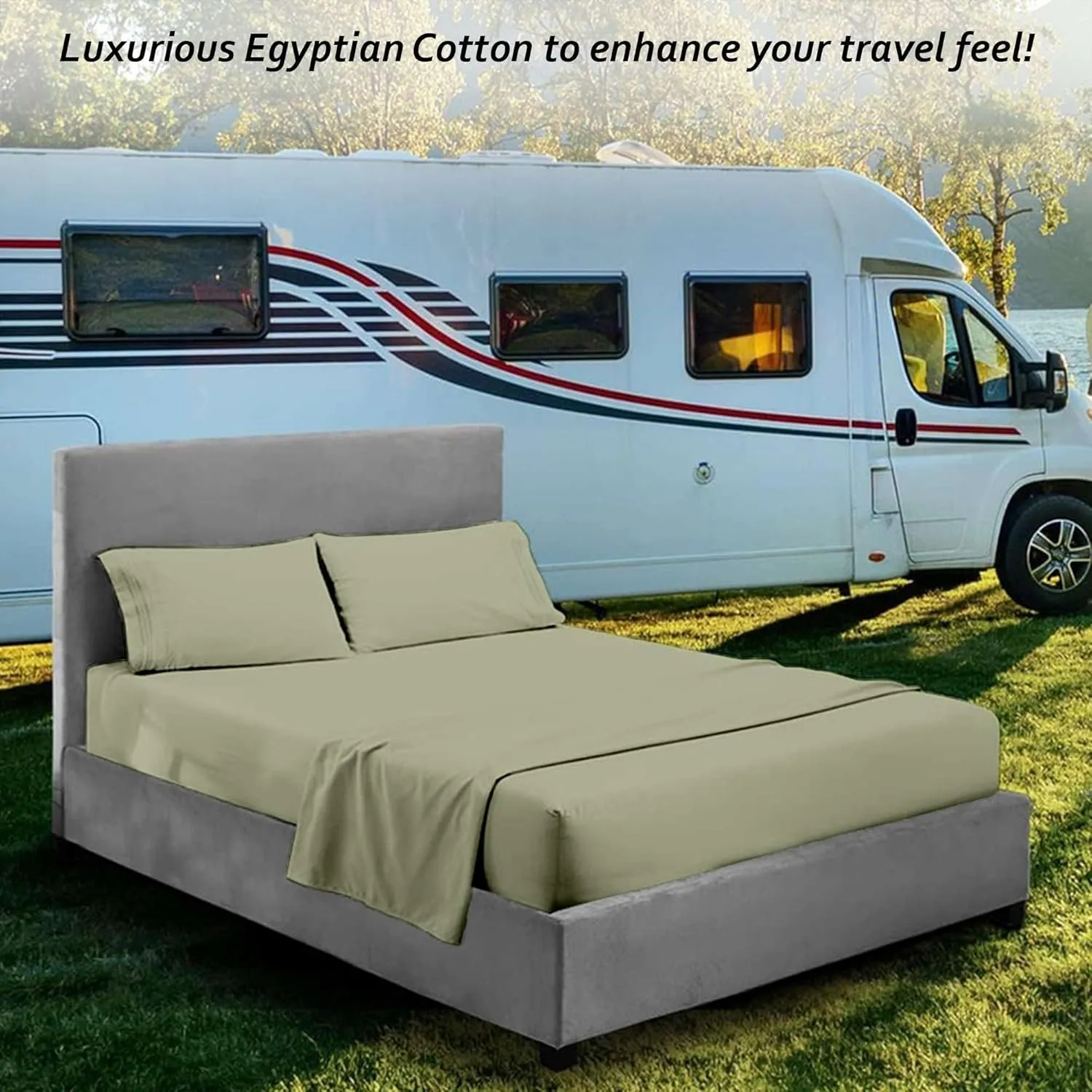 Short Queen RV Camper Sheet Set (60x75) – 100% Egyptian Cotton, Soft & Cooling, 16” Deep Pocket Fitted Sheet, Luxury Hotel Quality Bedding for RVs, Campers & Motorhomes (Sage Solid)