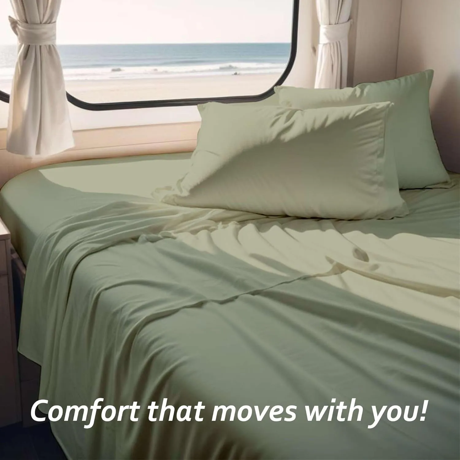 Short Queen RV Camper Sheet Set (60x75) – 100% Egyptian Cotton, Soft & Cooling, 16” Deep Pocket Fitted Sheet, Luxury Hotel Quality Bedding for RVs, Campers & Motorhomes (Sage Solid)