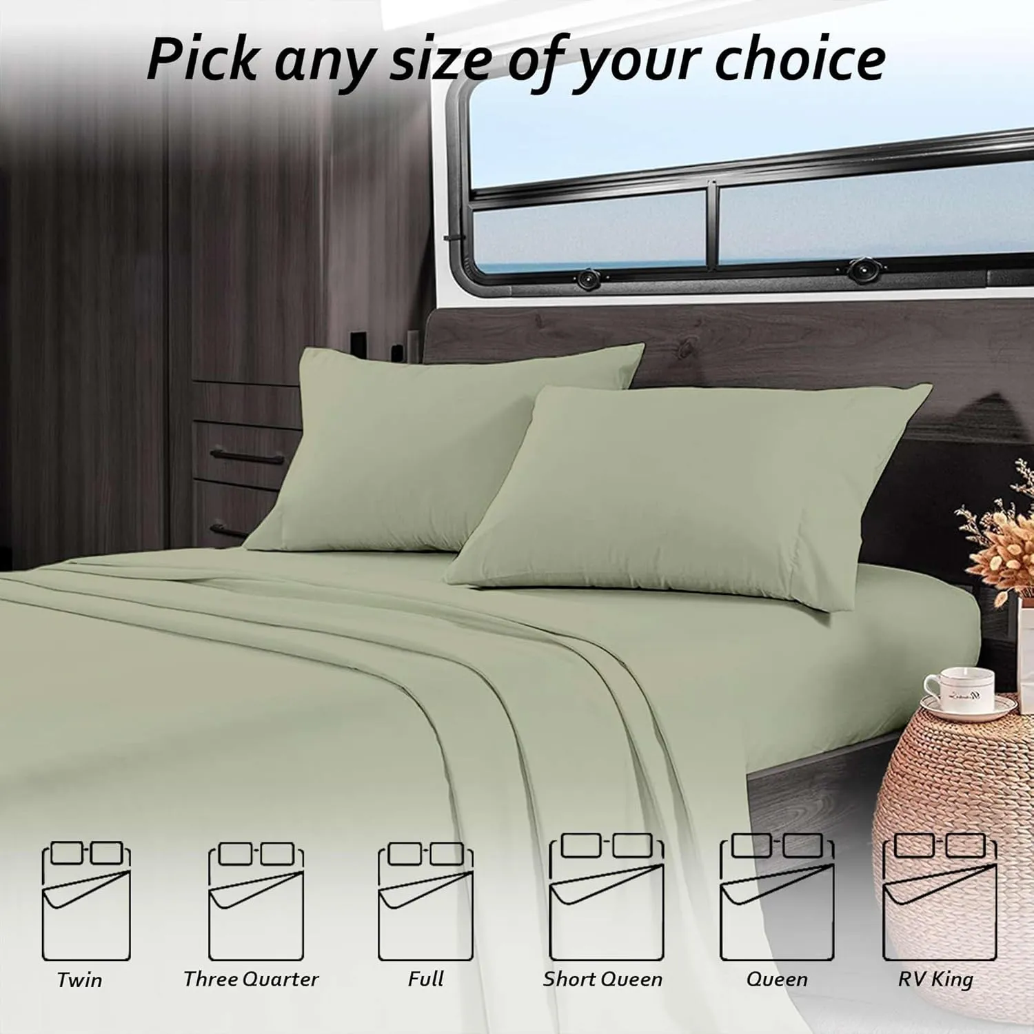 Short Queen RV Camper Sheet Set (60x75) – 100% Egyptian Cotton, Soft & Cooling, 16” Deep Pocket Fitted Sheet, Luxury Hotel Quality Bedding for RVs, Campers & Motorhomes (Sage Solid)