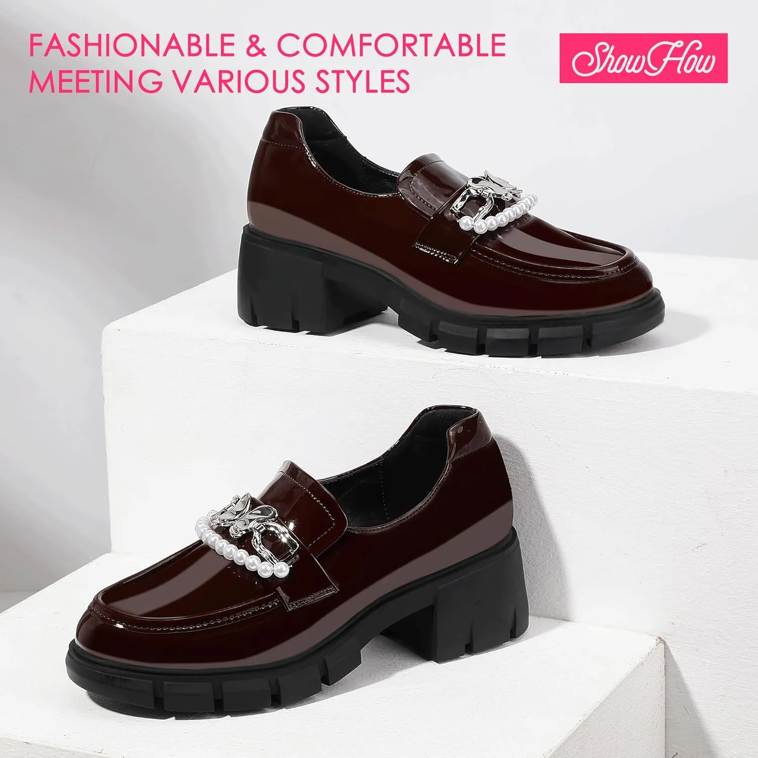ShowHow Women's Chunky Loafers Platform Slip On Loafers Round Toe Lug Sole Loafers Business Casual Shoes for Women