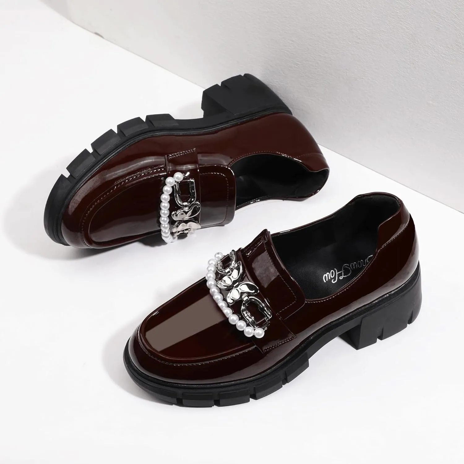 ShowHow Women's Chunky Loafers Platform Slip On Loafers Round Toe Lug Sole Loafers Business Casual Shoes for Women