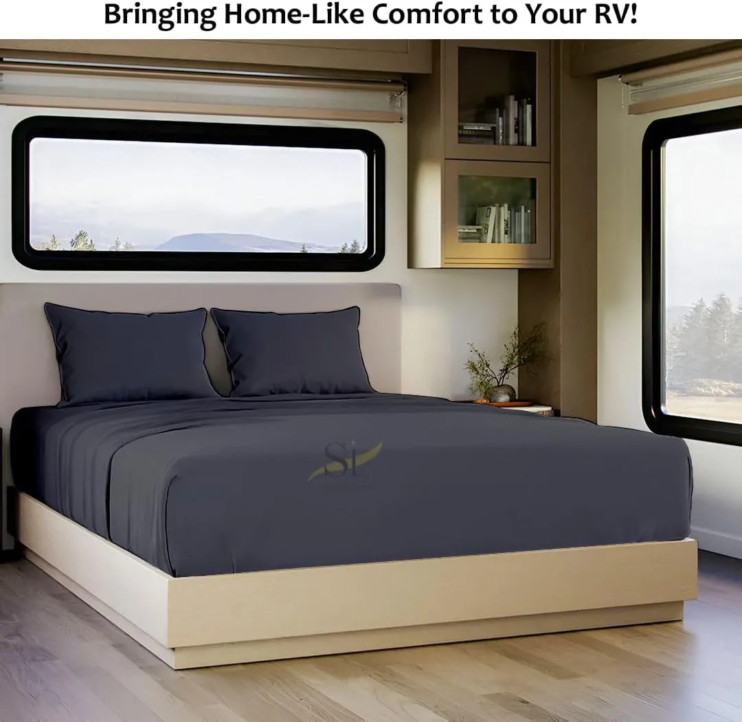 Shreem Linen Microfiber RV Sheet Sets, 48x75 3/4 Full Bunk, Dark Grey Solid - Fits Mattresses up to 8 Inches Deep, 4 Piece RV Bed Sheets for Campers, Motorhomes, and Travel Trailers