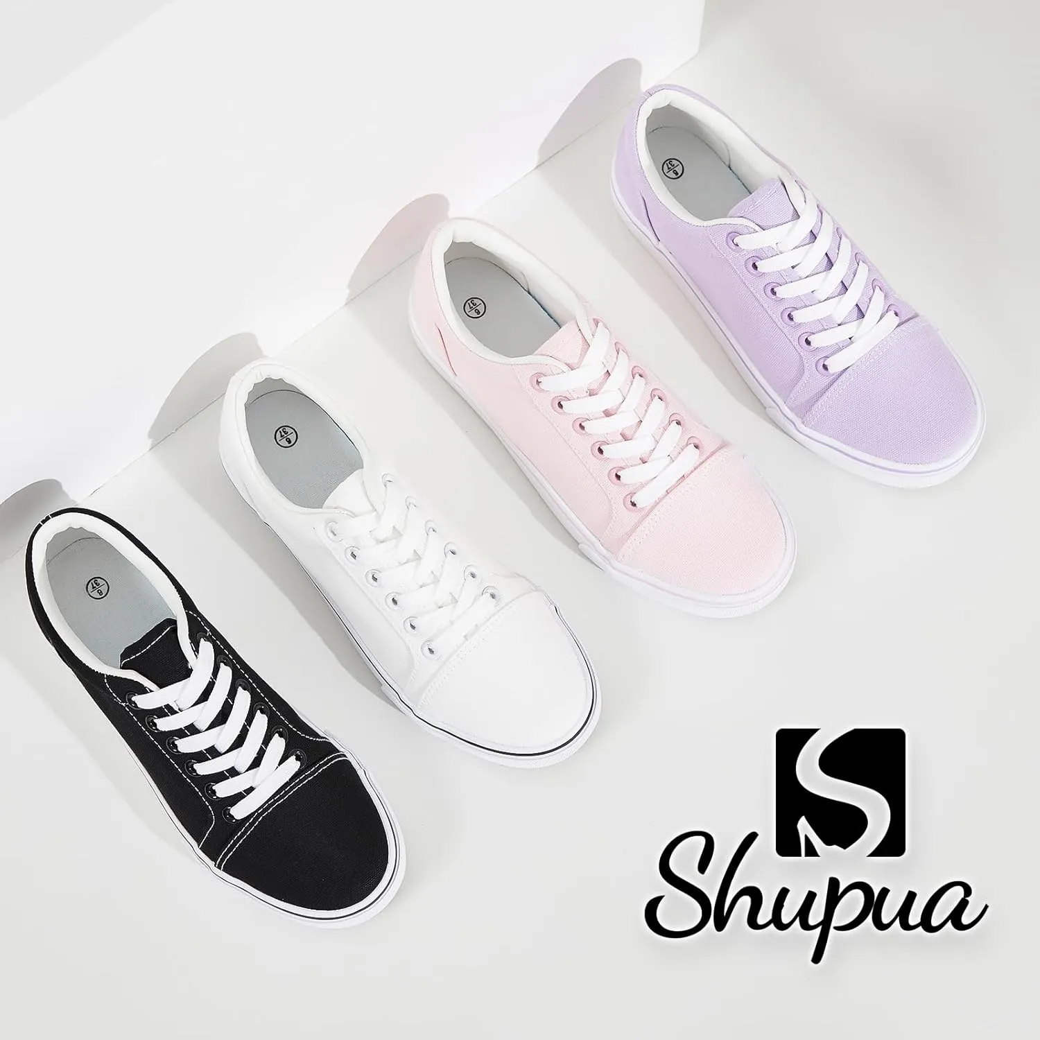 Shupua Women's Canvas Sneakers - White, Casual, Classic, Spring/Summer, Solid, Flat Heel, Athletic Shoes, Skateboarding, Lace-Up, Bow, Rubber Sole, Not Water Resistant, Adult Women's Size