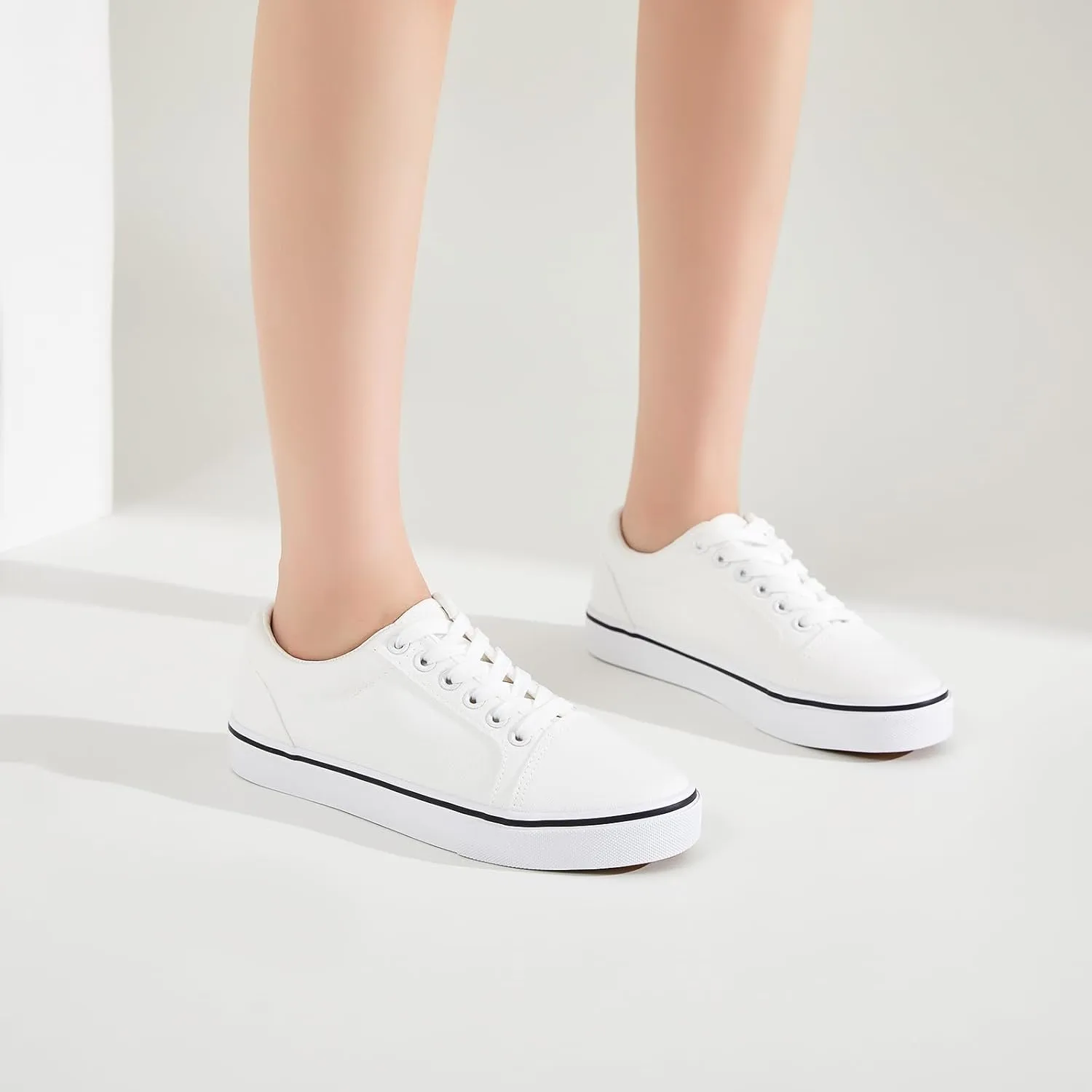 Shupua Women's Canvas Sneakers - White, Casual, Classic, Spring/Summer, Solid, Flat Heel, Athletic Shoes, Skateboarding, Lace-Up, Bow, Rubber Sole, Not Water Resistant, Adult Women's Size