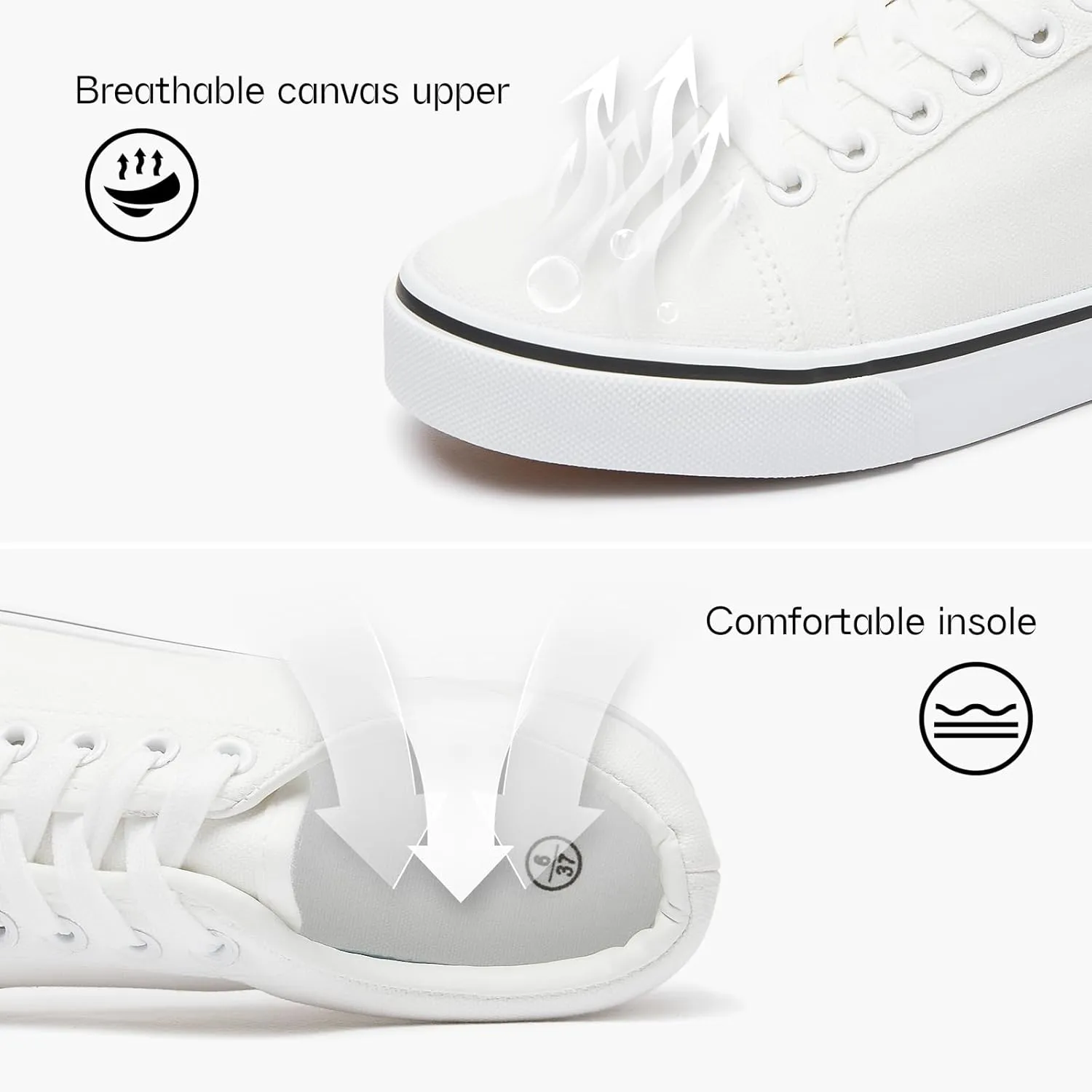Shupua Women's Canvas Sneakers - White, Casual, Classic, Spring/Summer, Solid, Flat Heel, Athletic Shoes, Skateboarding, Lace-Up, Bow, Rubber Sole, Not Water Resistant, Adult Women's Size