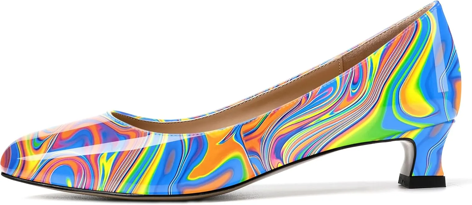 SKYSTERRY Women's Office Kitten Round Toe Slip On Patent Spool Low Heel Pumps Office Dress Shoes 1.5 Inch