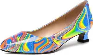 SKYSTERRY Women's Office Kitten Round Toe Slip On Patent Spool Low Heel Pumps Office Dress Shoes 1.5 Inch