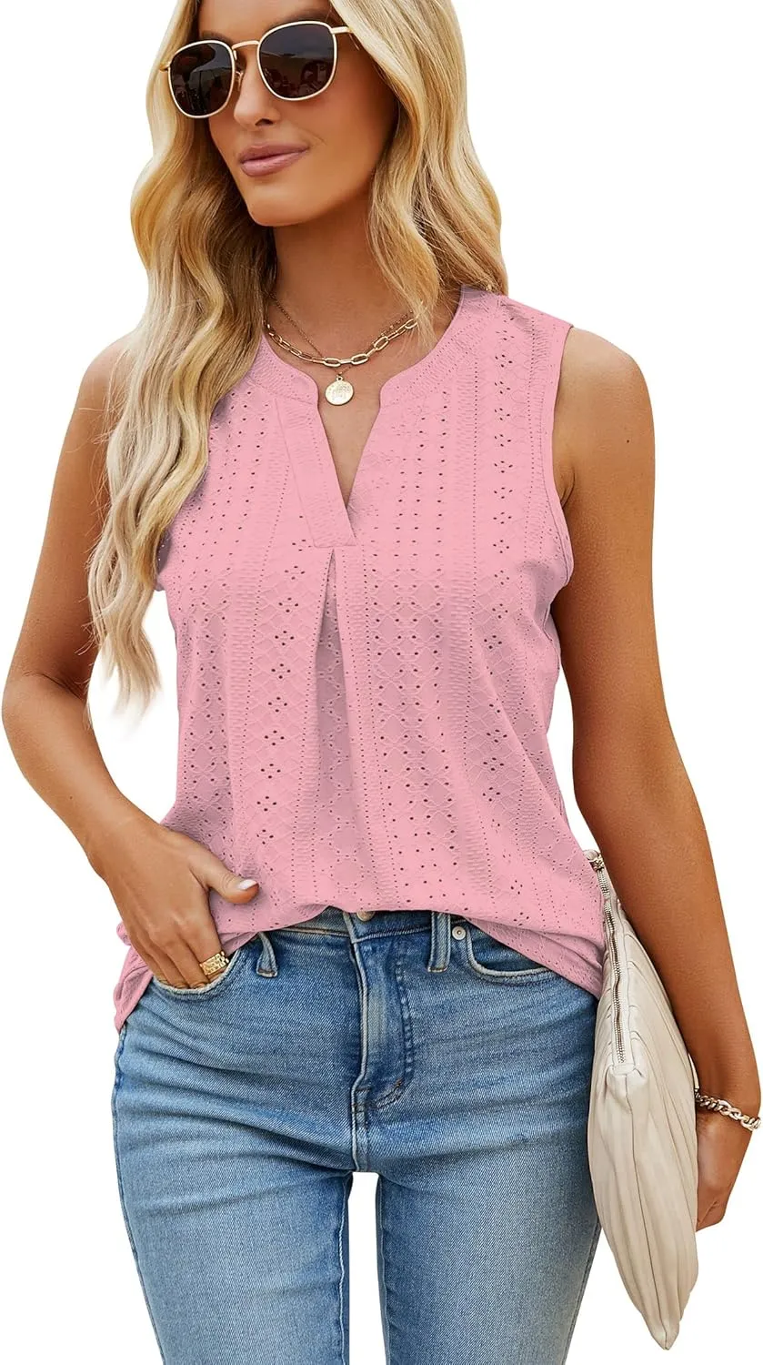 Sleeveless Tops for Women Dressy Casual Summer Blouses Trendy Eyelet Office Work Shirts