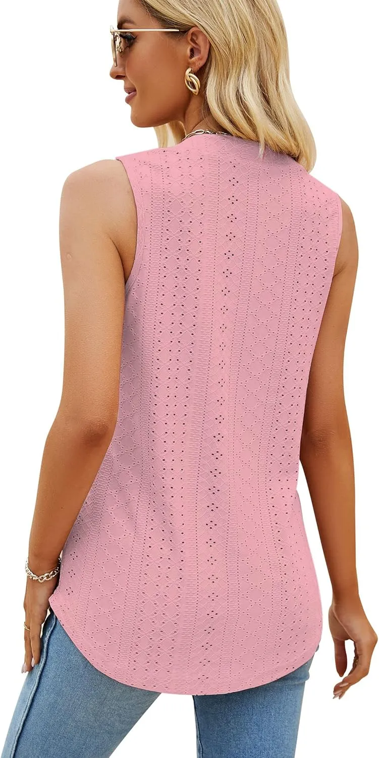Sleeveless Tops for Women Dressy Casual Summer Blouses Trendy Eyelet Office Work Shirts