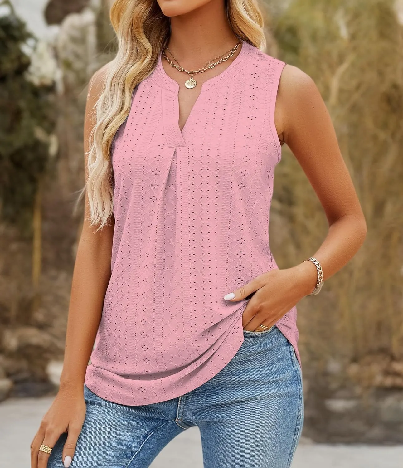 Sleeveless Tops for Women Dressy Casual Summer Blouses Trendy Eyelet Office Work Shirts