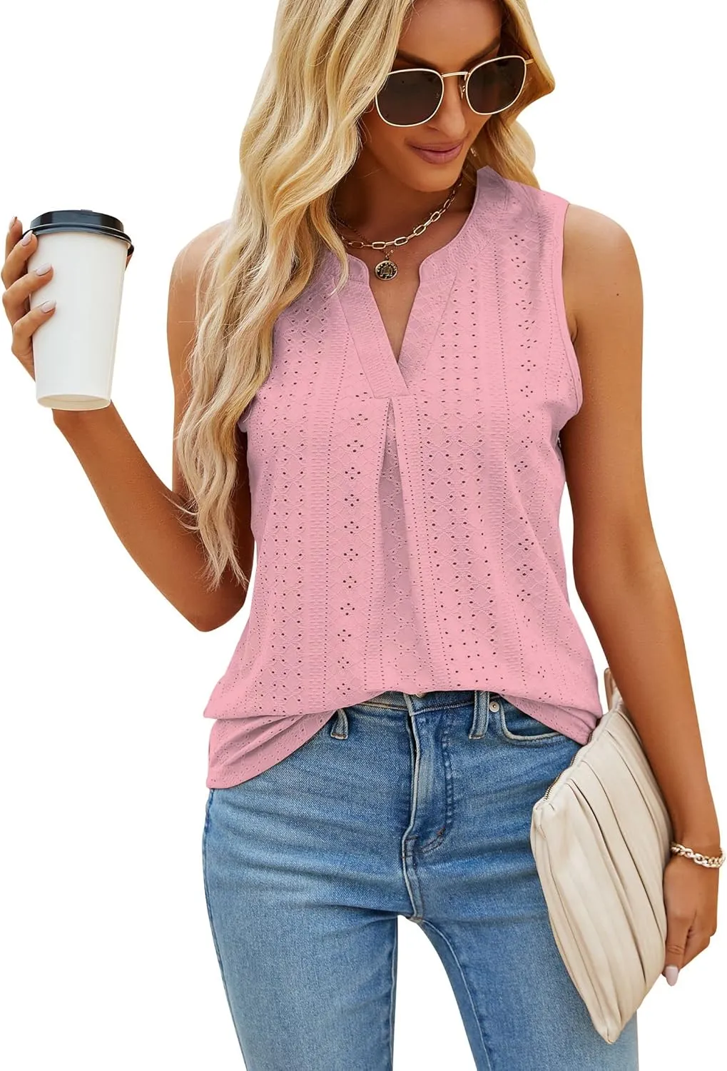 Sleeveless Tops for Women Dressy Casual Summer Blouses Trendy Eyelet Office Work Shirts