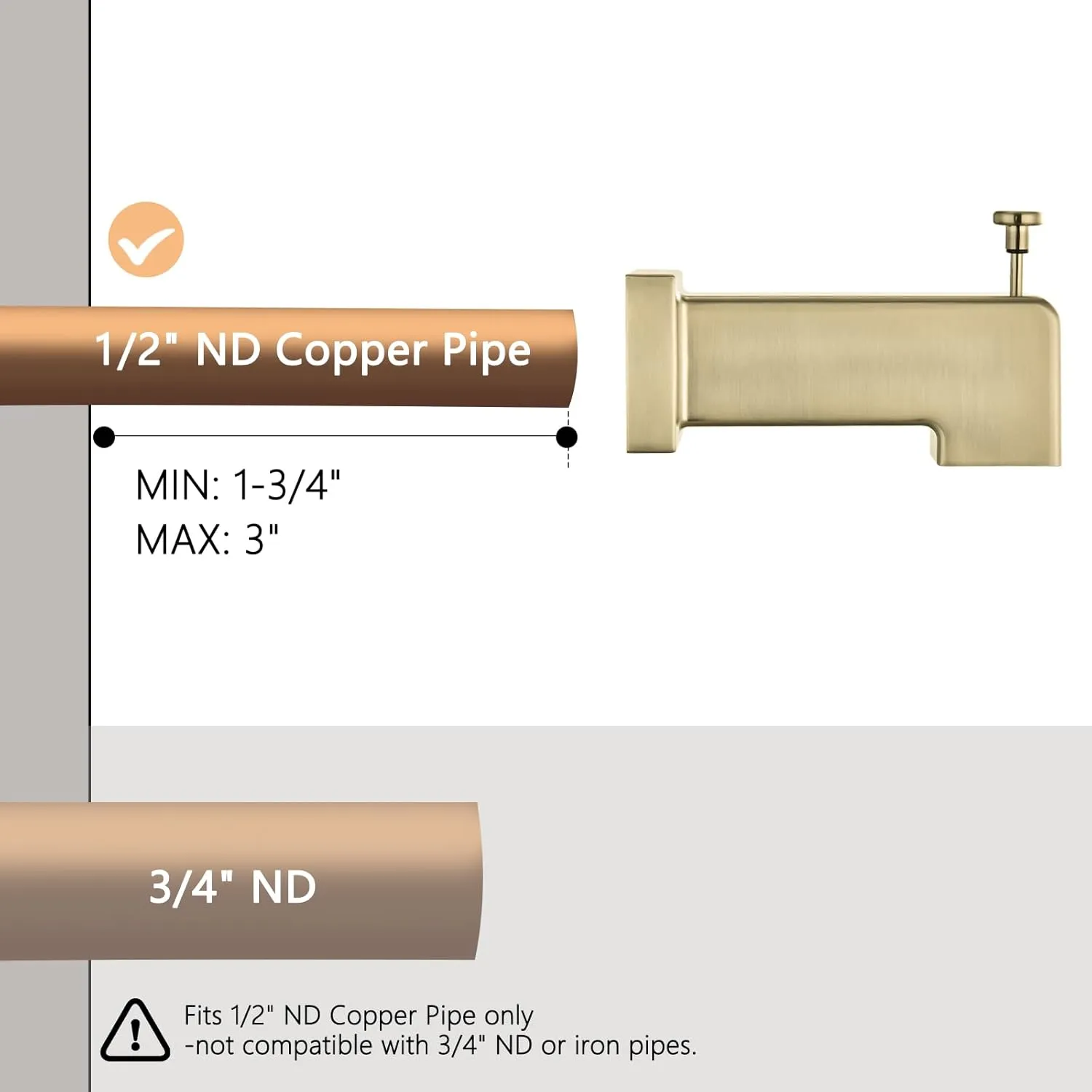 Slip On Diverter Tub Spout, Sleek Square Design for Bathroom, Fits 1/2" Copper Pipe (5/8" OD), Child-Safe Rounded Edges, Easy Installation, Brushed Gold