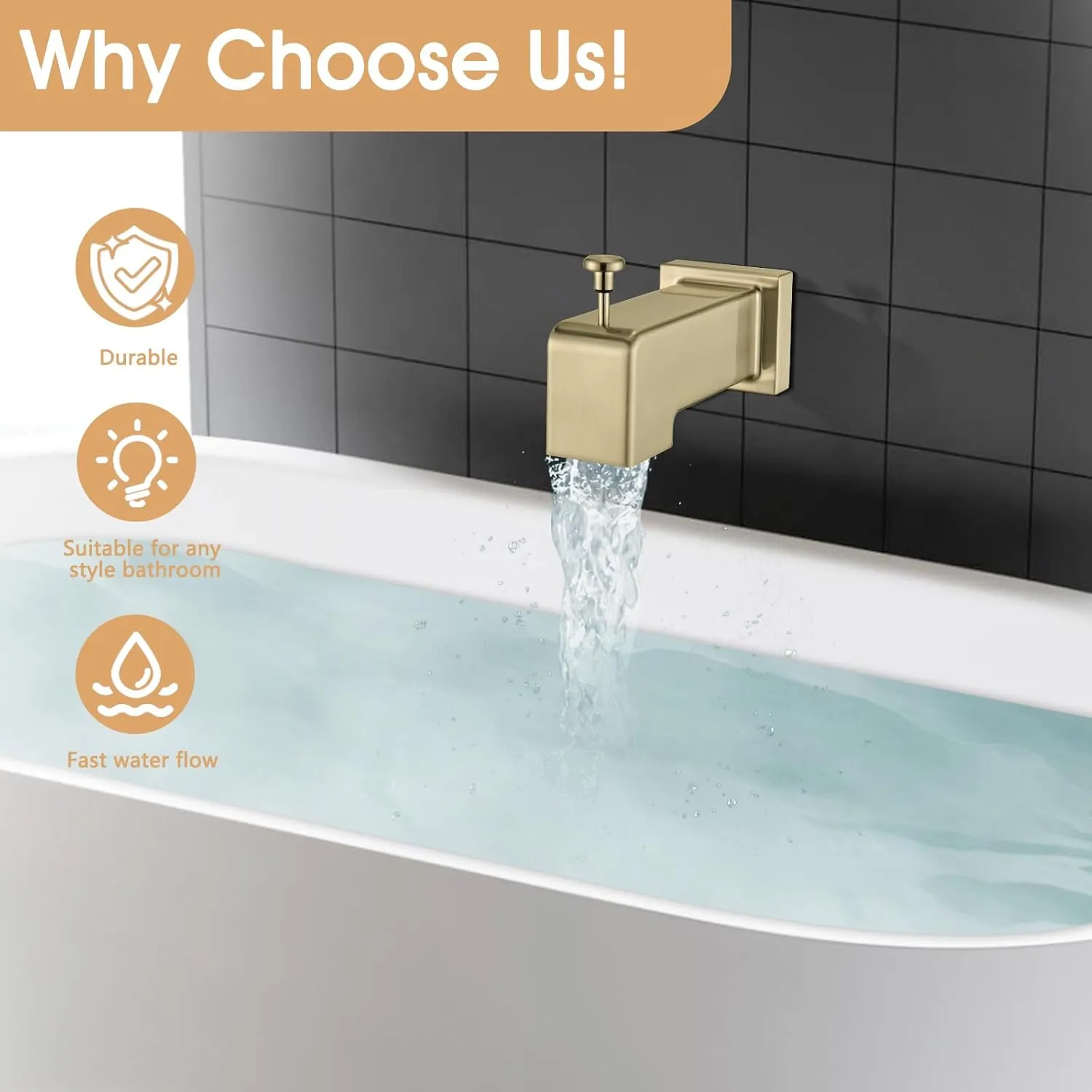 Slip On Diverter Tub Spout, Sleek Square Design for Bathroom, Fits 1/2" Copper Pipe (5/8" OD), Child-Safe Rounded Edges, Easy Installation, Brushed Gold