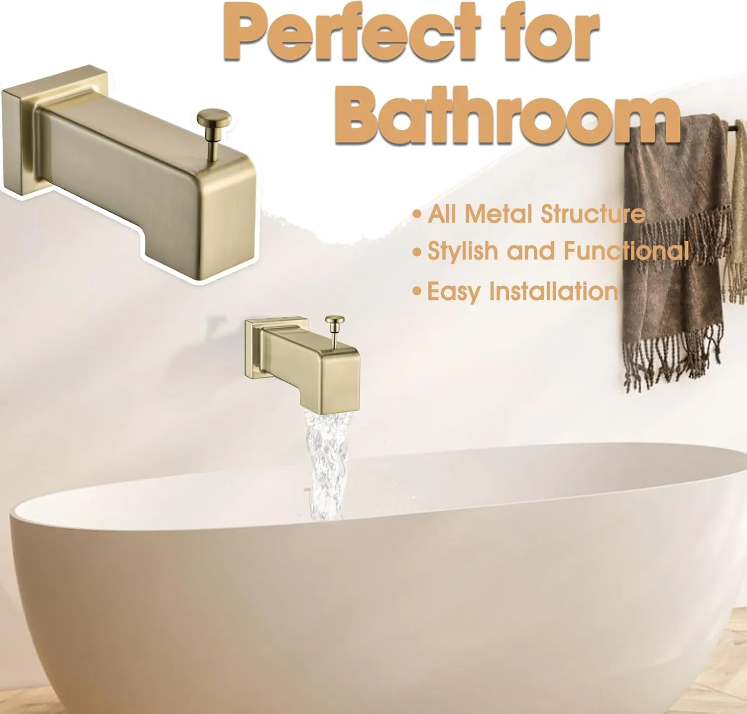 Slip On Diverter Tub Spout, Sleek Square Design for Bathroom, Fits 1/2" Copper Pipe (5/8" OD), Child-Safe Rounded Edges, Easy Installation, Brushed Gold