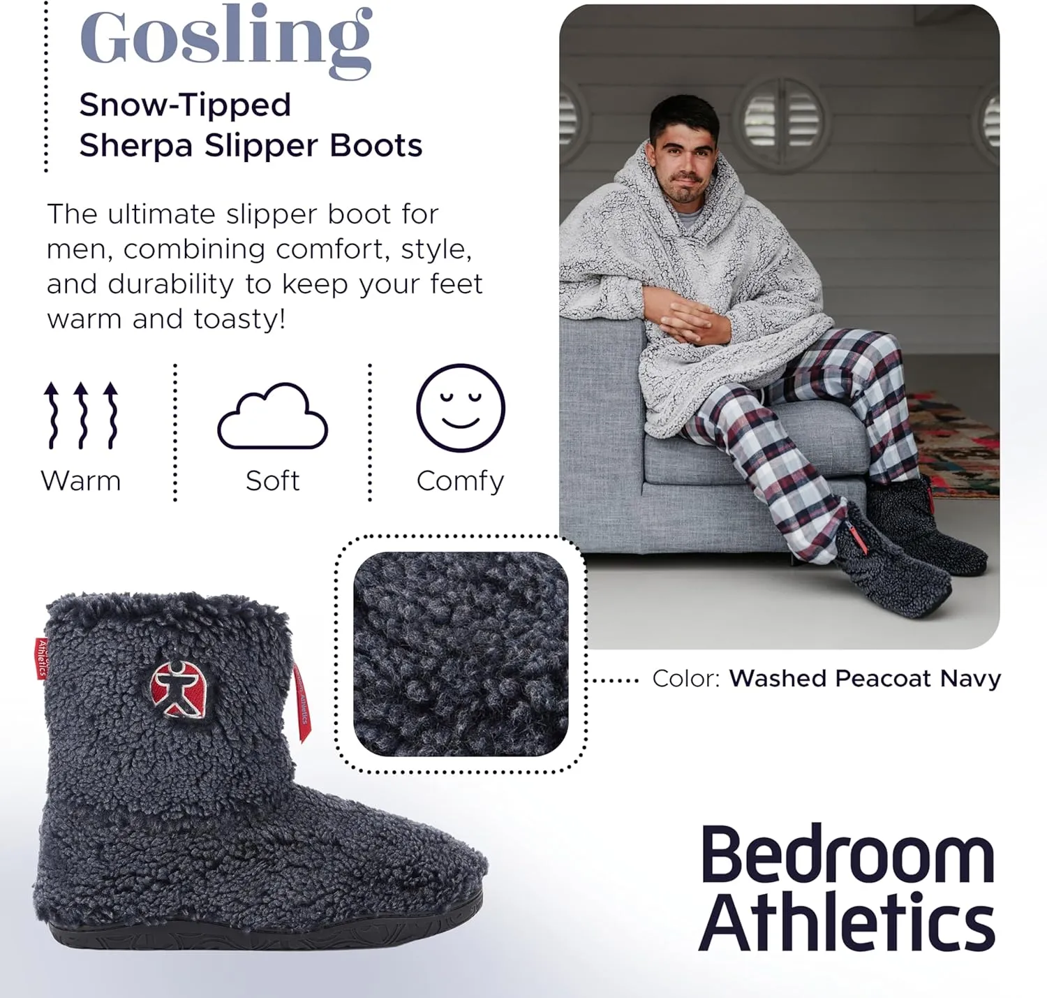 Slipper Boots for Men Indoor Outdoor - Warm Sherpa Memory Foam House Slippers - Non-Slip Outsole, Machine Washable, Zip Up - Washed Black - Mens Slippers - Gosling