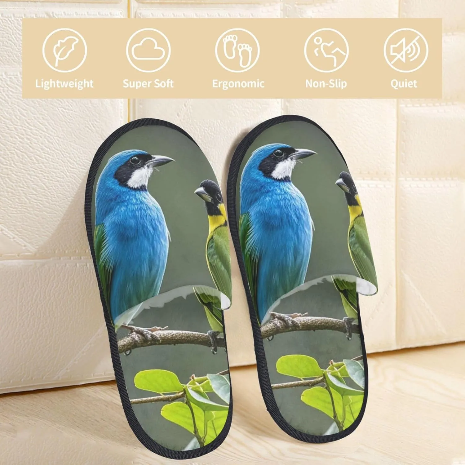 Slippers for Women Men Memory Foam Slippers Birds nature green colors House Slippers Winter Slides Indoor House Shoes