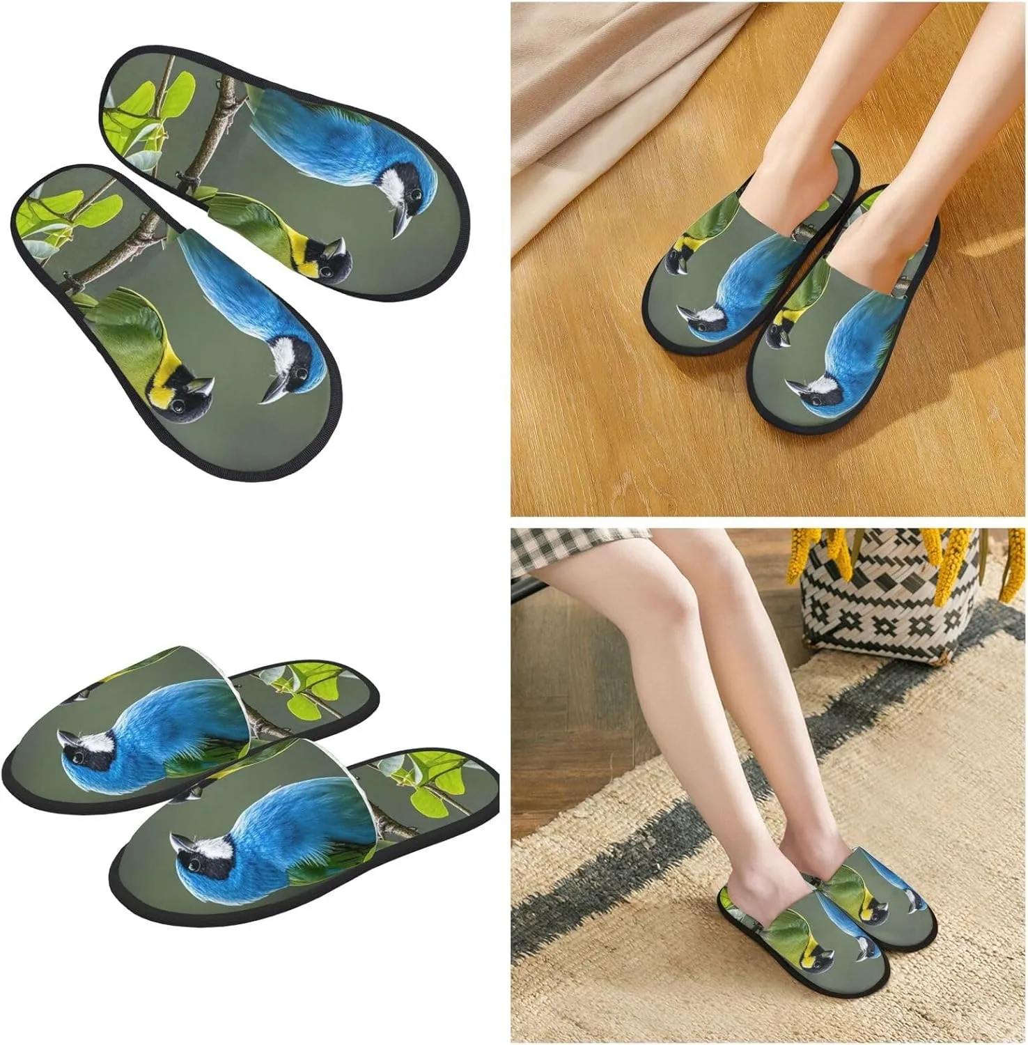 Slippers for Women Men Memory Foam Slippers Birds nature green colors House Slippers Winter Slides Indoor House Shoes
