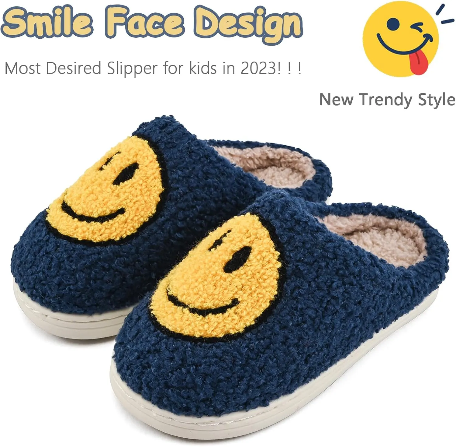 Smile Face Kids Happy Face Soft Plush Warm Slipper Anti-Slip Winter Fluffy House Shoes Soft Memory Foam Comfort Cotton Slippers Indoor and Outdoor