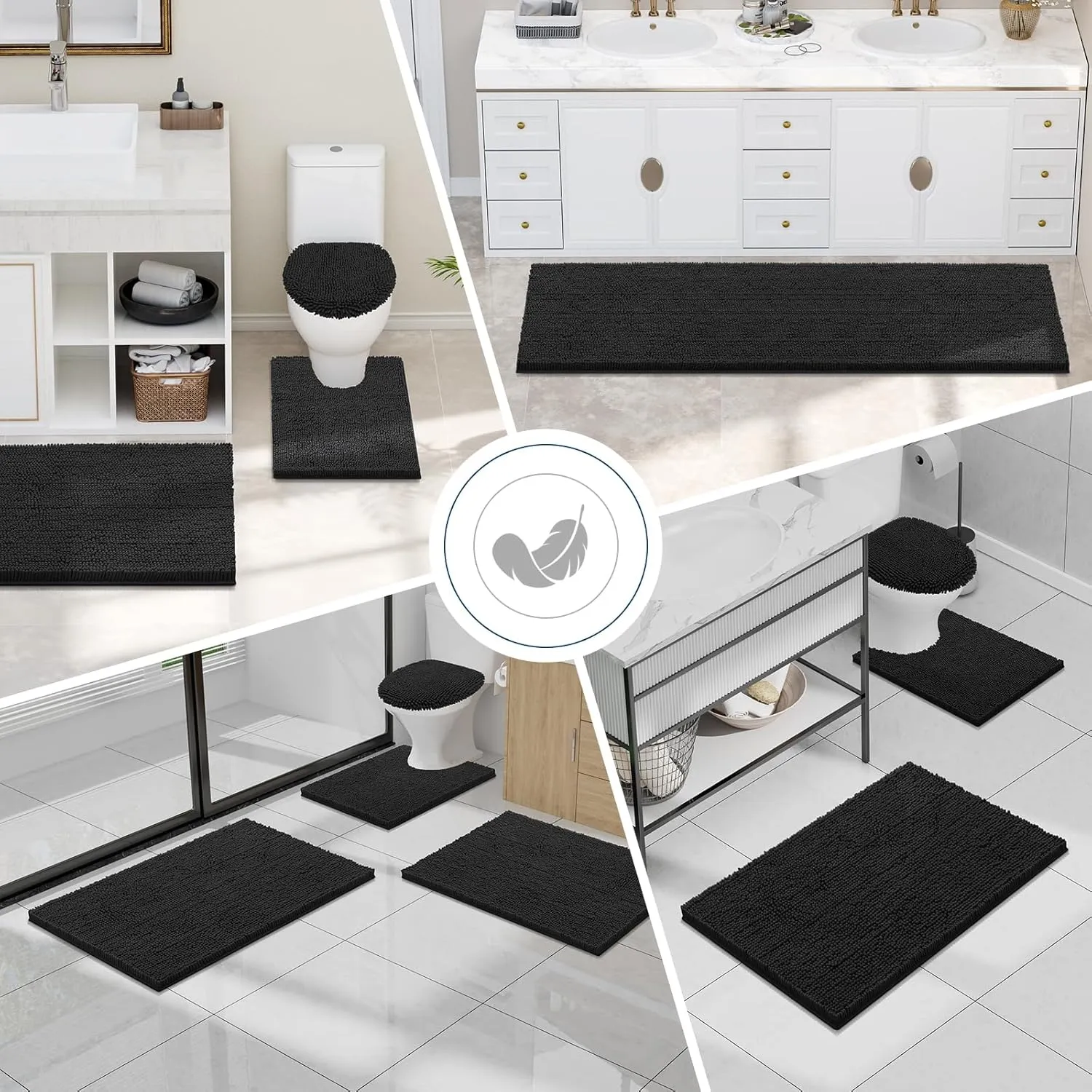 Smiry Bathroom Rugs Sets 2 Piece, Soft Absorbent Chenille Machine Washable Non Slip Shaggy Bath Rug Set for Tub, Shower, and Floor (30x20 24x16, Black)