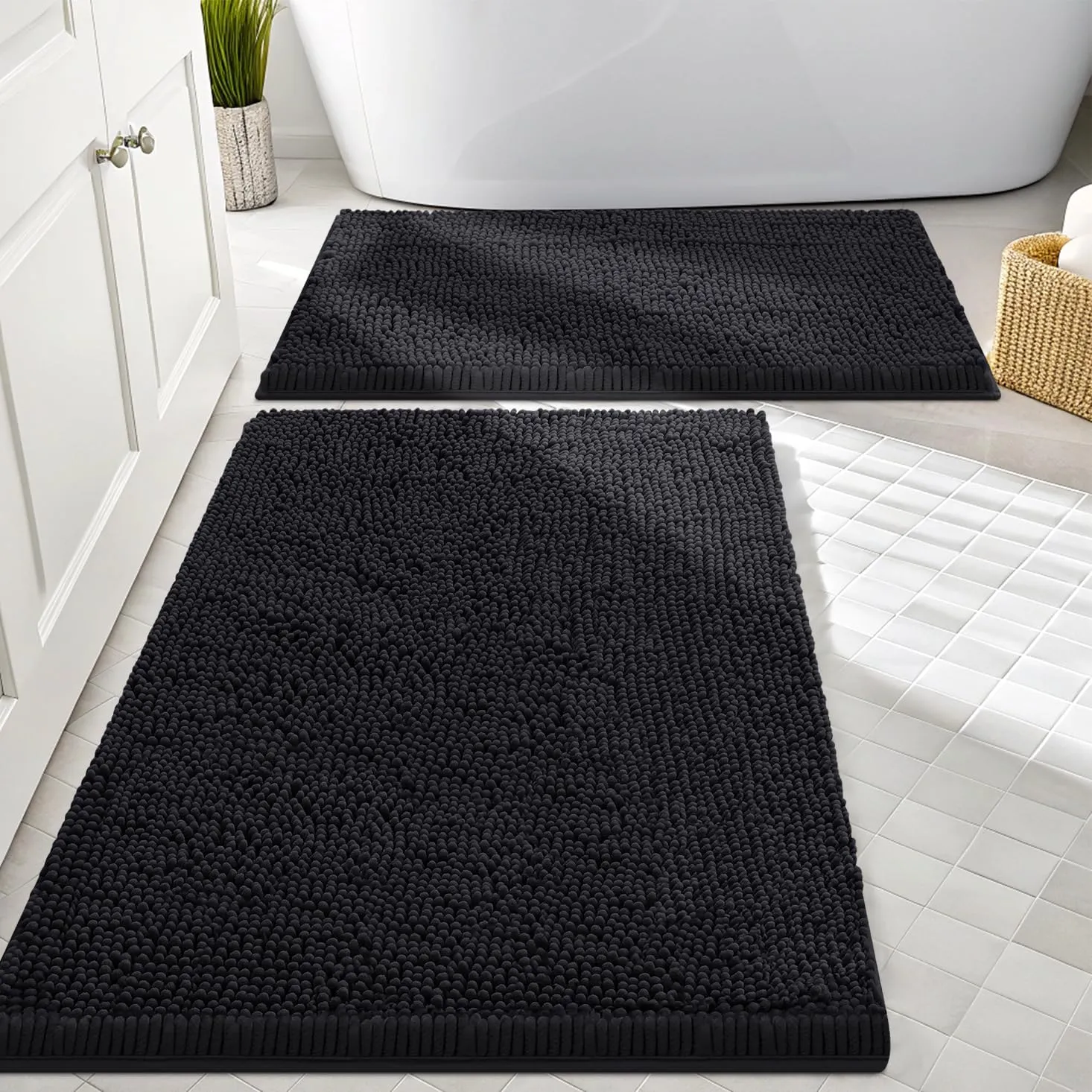 Smiry Bathroom Rugs Sets 2 Piece, Soft Absorbent Chenille Machine Washable Non Slip Shaggy Bath Rug Set for Tub, Shower, and Floor (30x20 24x16, Black)