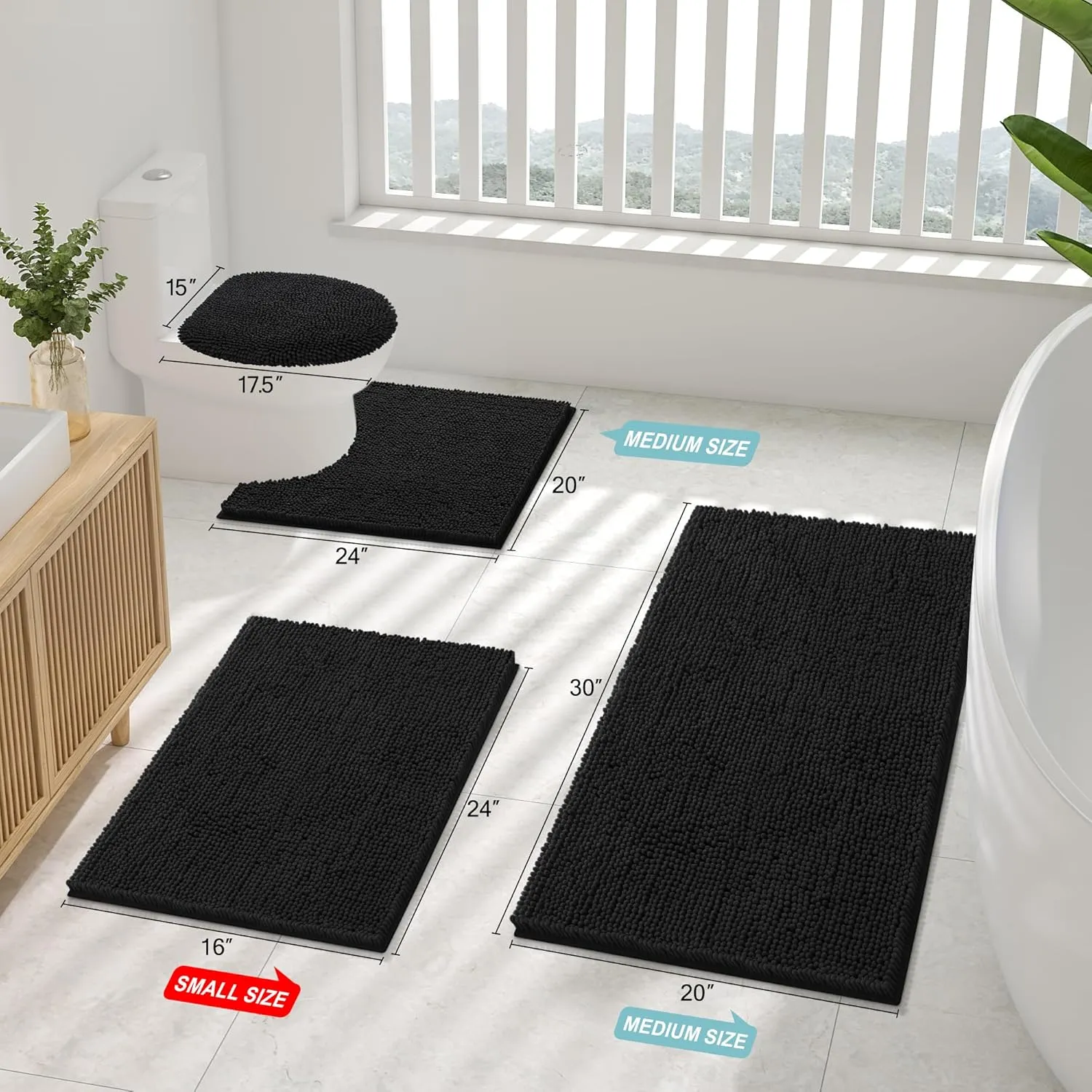 Smiry Bathroom Rugs Sets 2 Piece, Soft Absorbent Chenille Machine Washable Non Slip Shaggy Bath Rug Set for Tub, Shower, and Floor (30x20 24x16, Black)