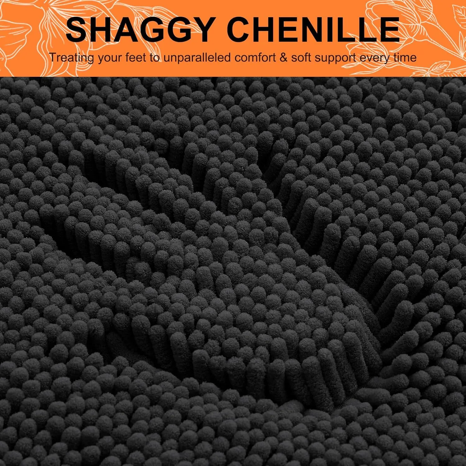 Smiry Bathroom Rugs Sets 2 Piece, Soft Absorbent Chenille Machine Washable Non Slip Shaggy Bath Rug Set for Tub, Shower, and Floor (30x20 24x16, Black)