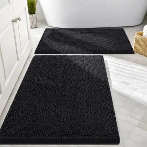 Smiry Bathroom Rugs Sets 2 Piece, Soft Absorbent Chenille Machine Washable Non Slip Shaggy Bath Rug Set for Tub, Shower, and Floor (30x20 24x16, Black)