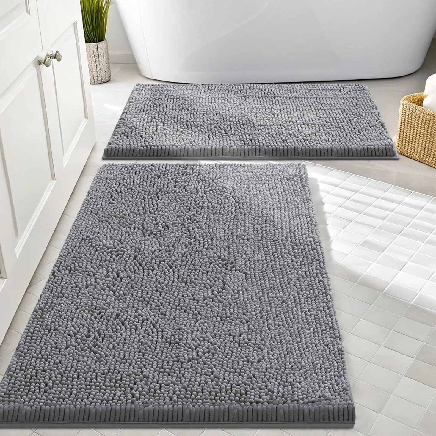 Smiry Bathroom Rugs Sets 2 Piece, Soft Absorbent Chenille Machine Washable Non Slip Shaggy Bath Rug Set for Tub, Shower, and Floor (30x20 24x16, Dark Grey)