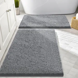 Smiry Bathroom Rugs Sets 2 Piece, Soft Absorbent Chenille Machine Washable Non Slip Shaggy Bath Rug Set for Tub, Shower, and Floor (30x20 24x16, Dark Grey)