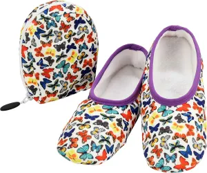Snoozies Skinnies Packable and Foldable Travel Slippers for Women with Zipper Pouch, Soft Sherpa-Lined Slipper Socks Non-Skid