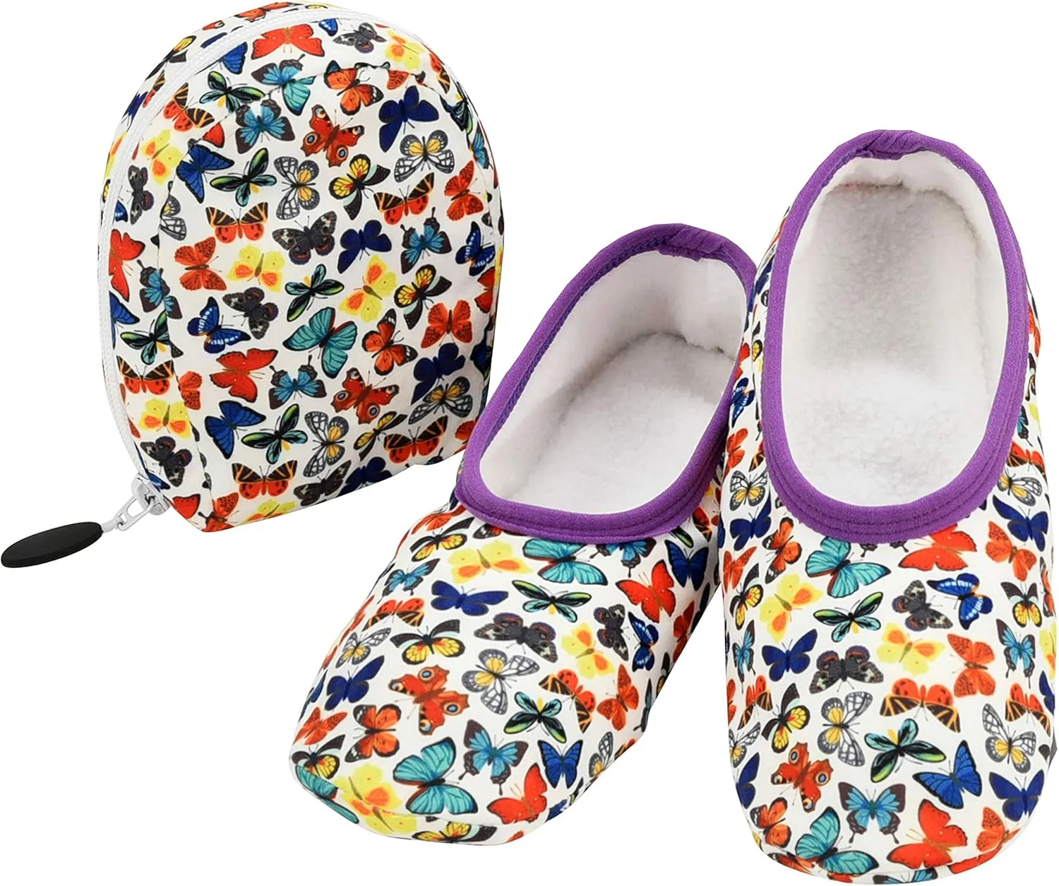 Snoozies Skinnies Packable and Foldable Travel Slippers for Women with Zipper Pouch, Soft Sherpa-Lined Slipper Socks Non-Skid