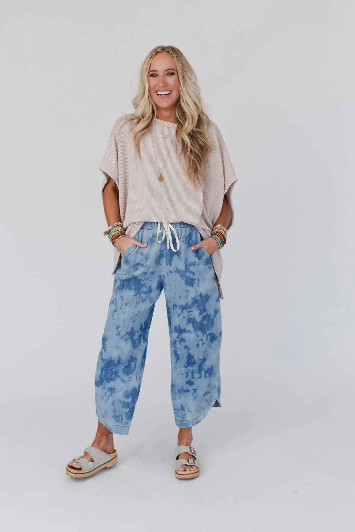 So Comfy Wide Leg Cropped Pant - Bleach Dye Denim