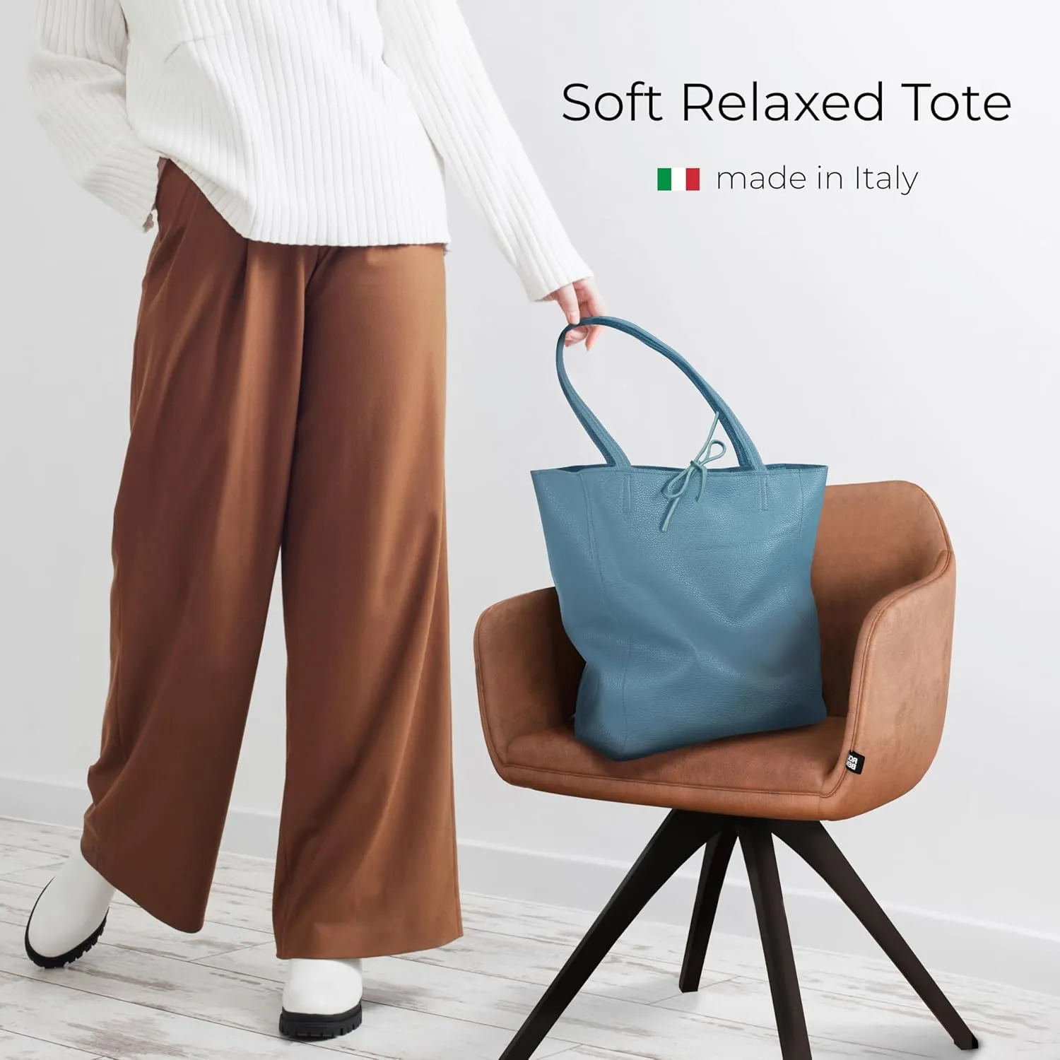 Soft Italian Genuine Calf Leather Tote Bag | Unstructured Unlined Shopper with Zipper, Inside Pocket & Flat Base