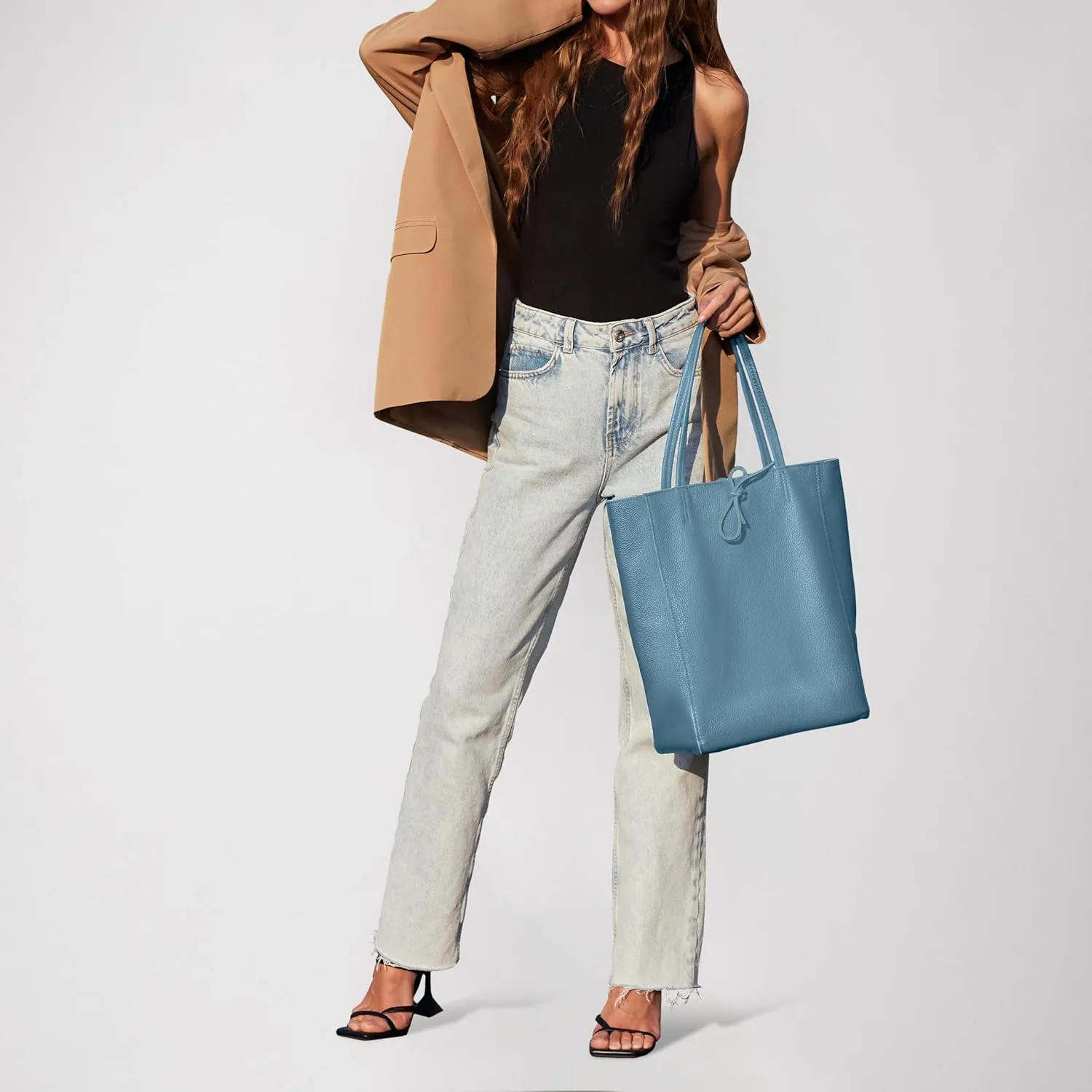Soft Italian Genuine Calf Leather Tote Bag | Unstructured Unlined Shopper with Zipper, Inside Pocket & Flat Base