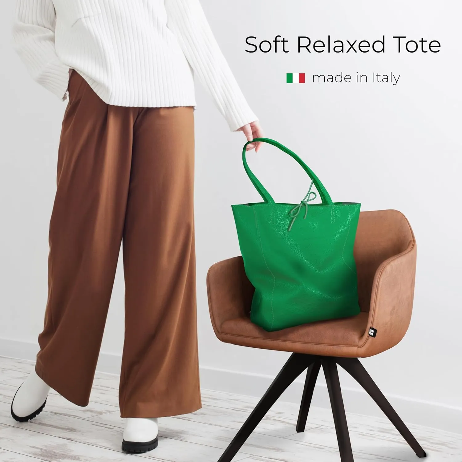 Soft Italian Genuine Calf Leather Tote Bag | Unstructured Unlined Shopper with Zipper, Inside Pocket & Flat Base