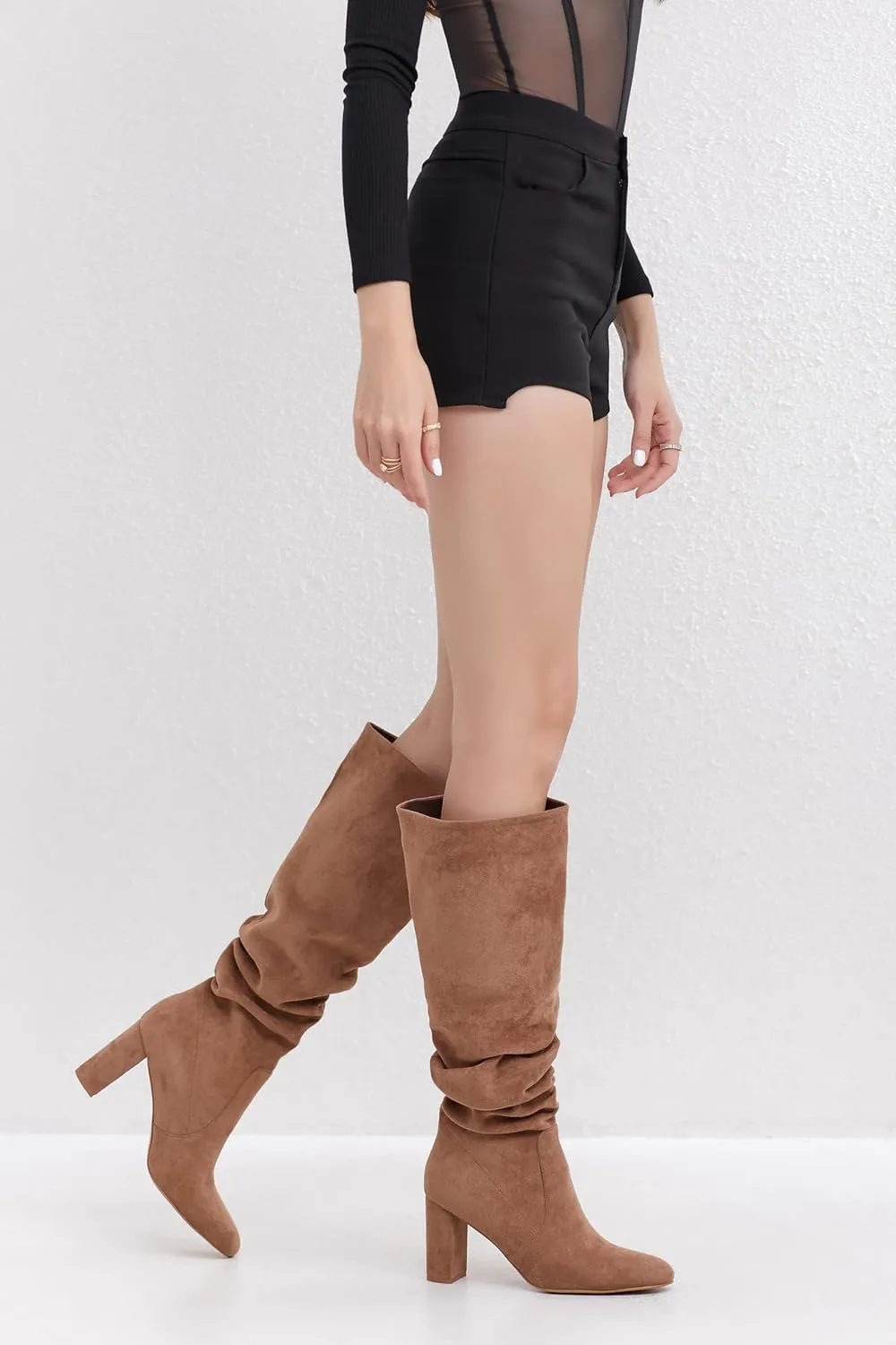 Soft Slouchy Knee High Boots Chunky Heel Slip On Vegan Suede Dress Boots Wide Shaft Relaxed Fit