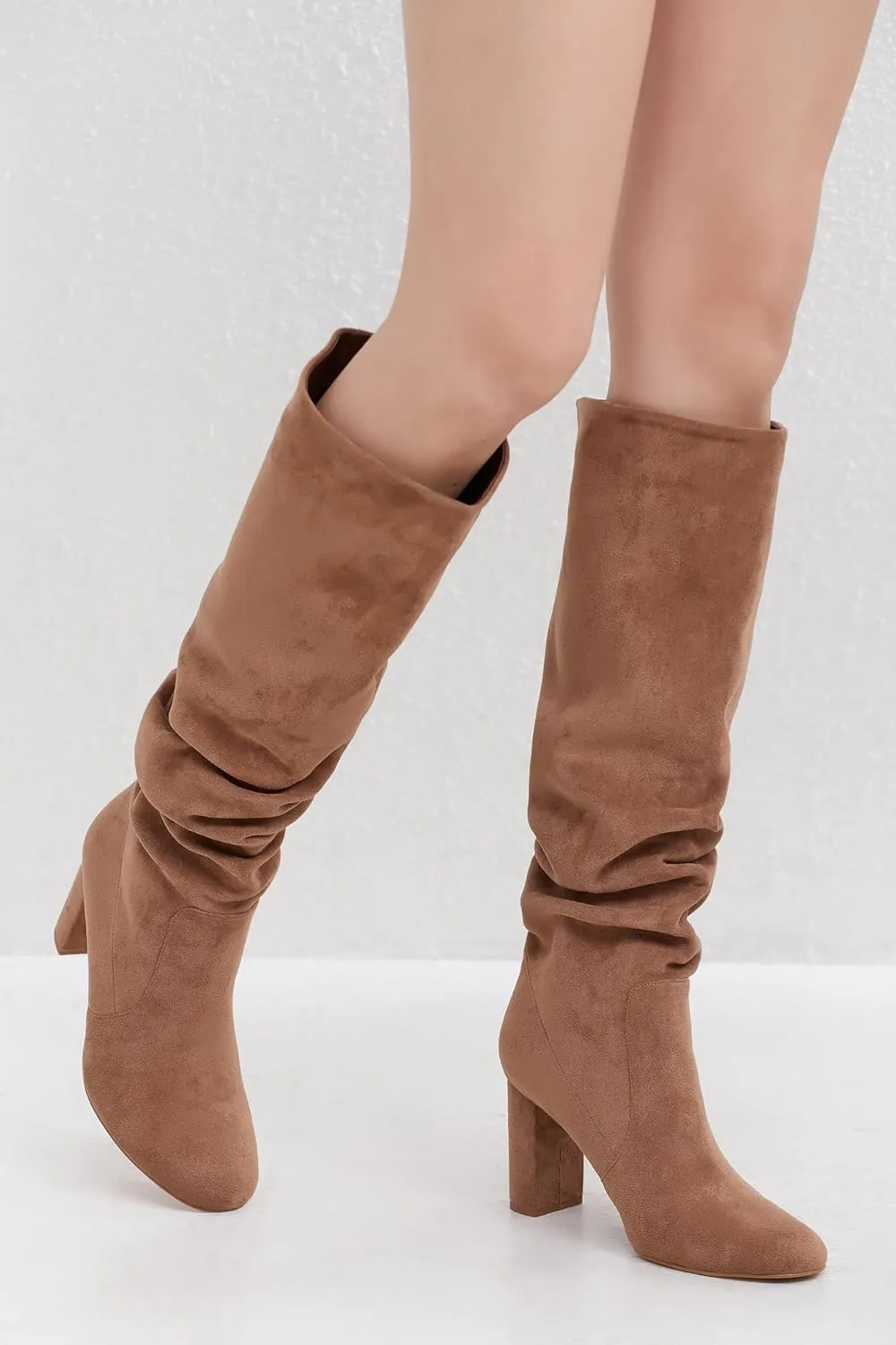 Soft Slouchy Knee High Boots Chunky Heel Slip On Vegan Suede Dress Boots Wide Shaft Relaxed Fit