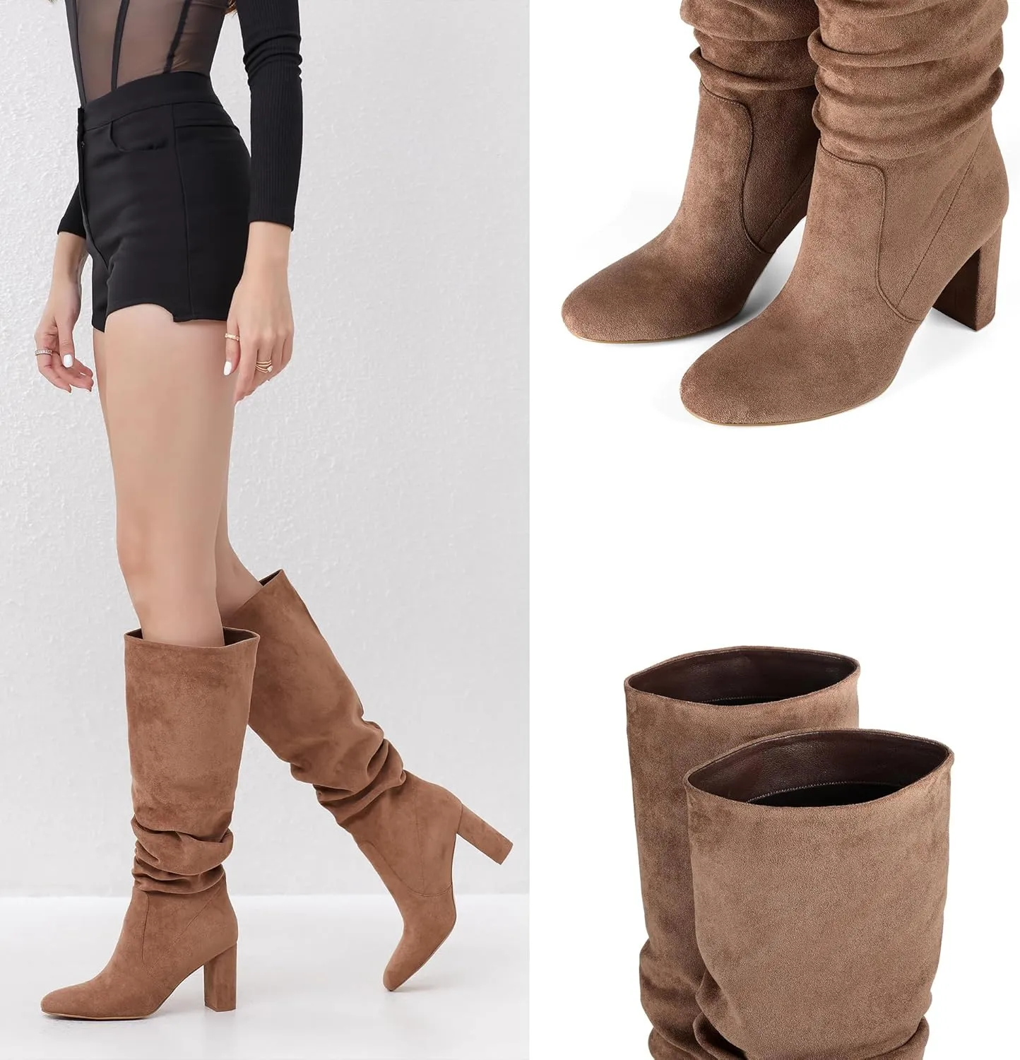 Soft Slouchy Knee High Boots Chunky Heel Slip On Vegan Suede Dress Boots Wide Shaft Relaxed Fit